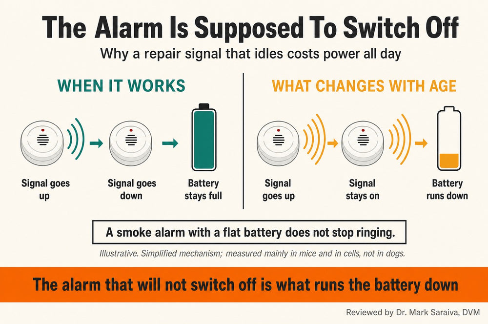 Diagram: when the repair signal works it goes up then down and the battery stays full; with age the signal stays on and the battery runs down