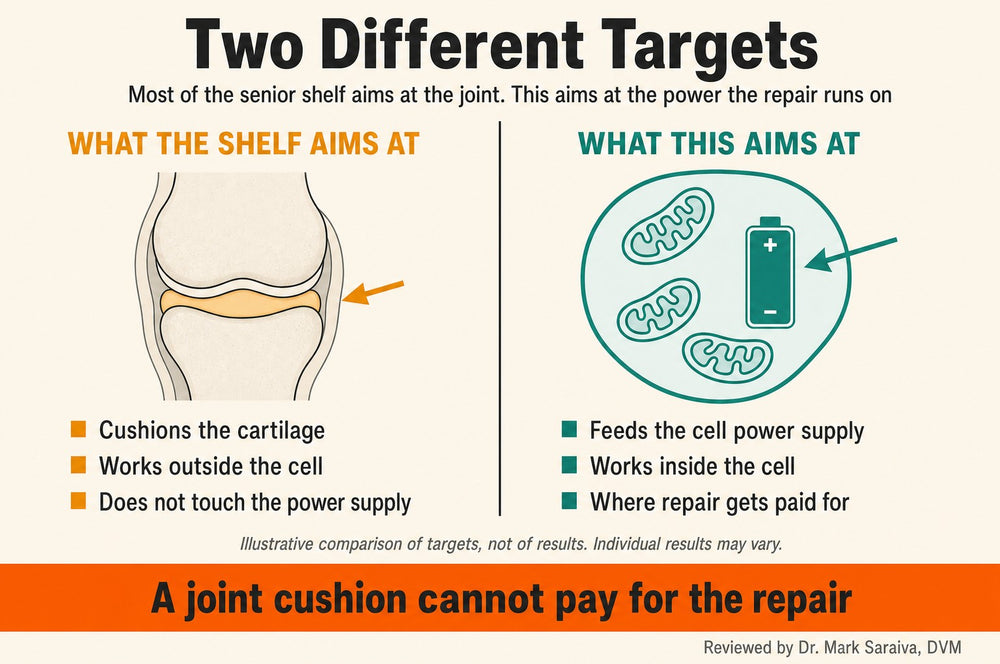 Diagram comparing two targets: joint supplements cushion cartilage outside the cell, while this works inside the cell on the power supply