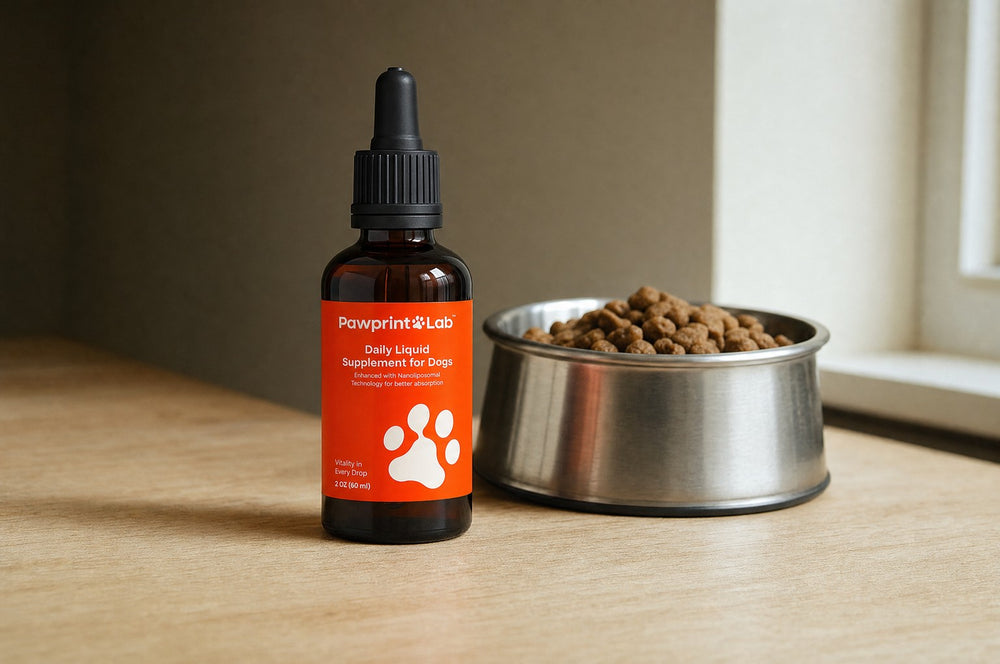 A closed Pawprint Protocol dropper bottle on a kitchen worktop beside a steel bowl of kibble