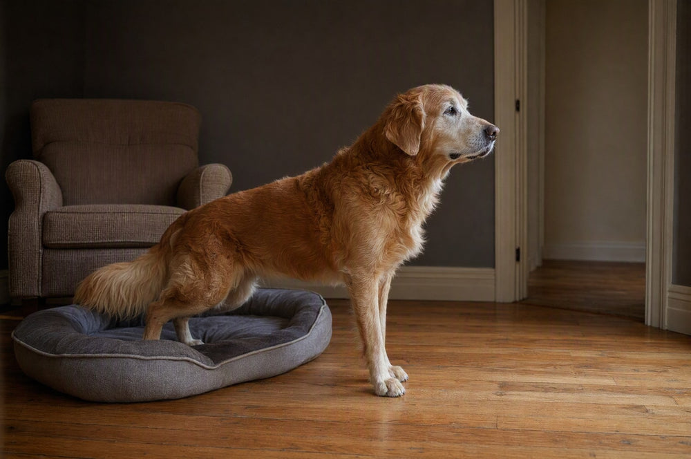 A senior golden retriever up off his bed in one movement, looking toward an empty doorway