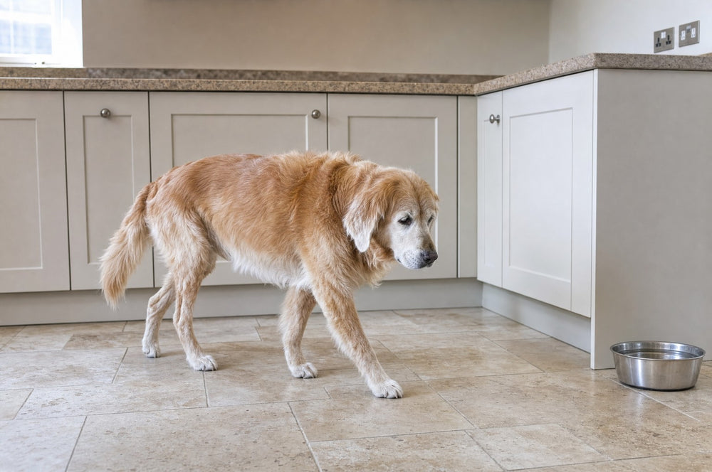A senior golden retriever walking steadily across a tiled kitchen floor toward his water bowl