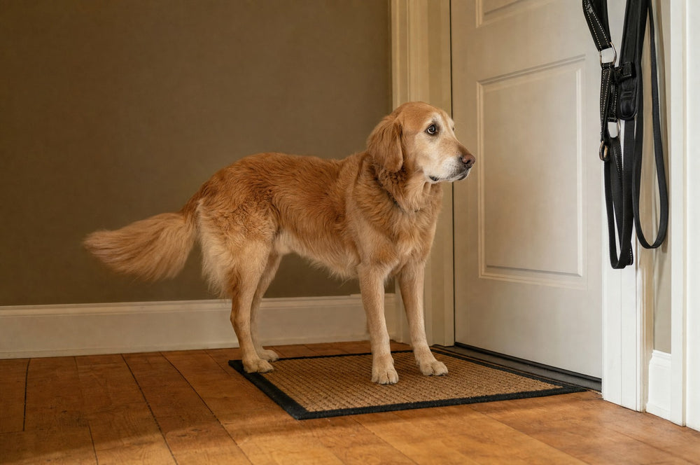 A senior golden retriever standing squarely on the doormat by the front door, harness on the hook beside him