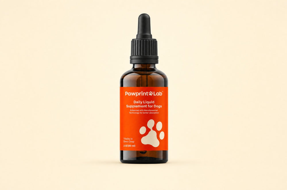 The Pawprint Protocol daily liquid supplement bottle, closed, on a plain cream background