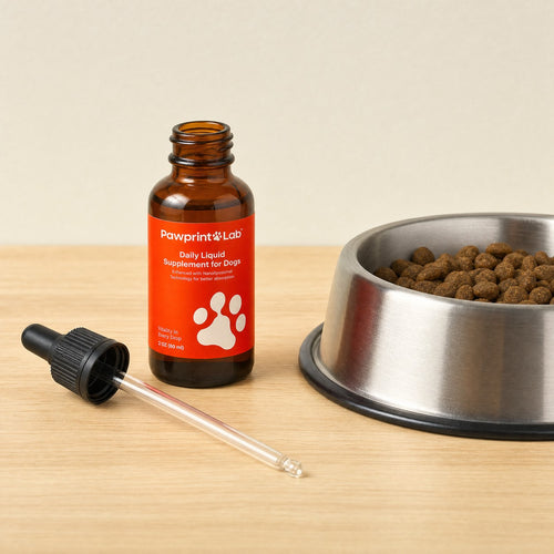 The Pawprint Protocol bottle open on a worktop with its dropper assembly lying beside it and a bowl of kibble