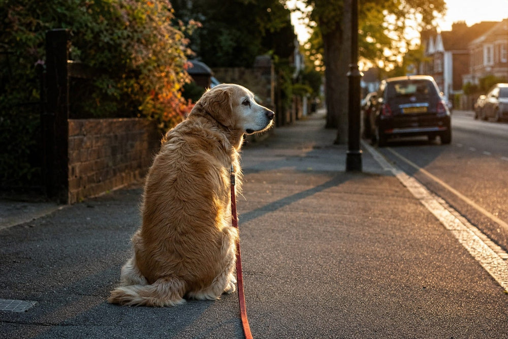 A senior golden retriever sitting on a suburban pavement halfway along a residential street