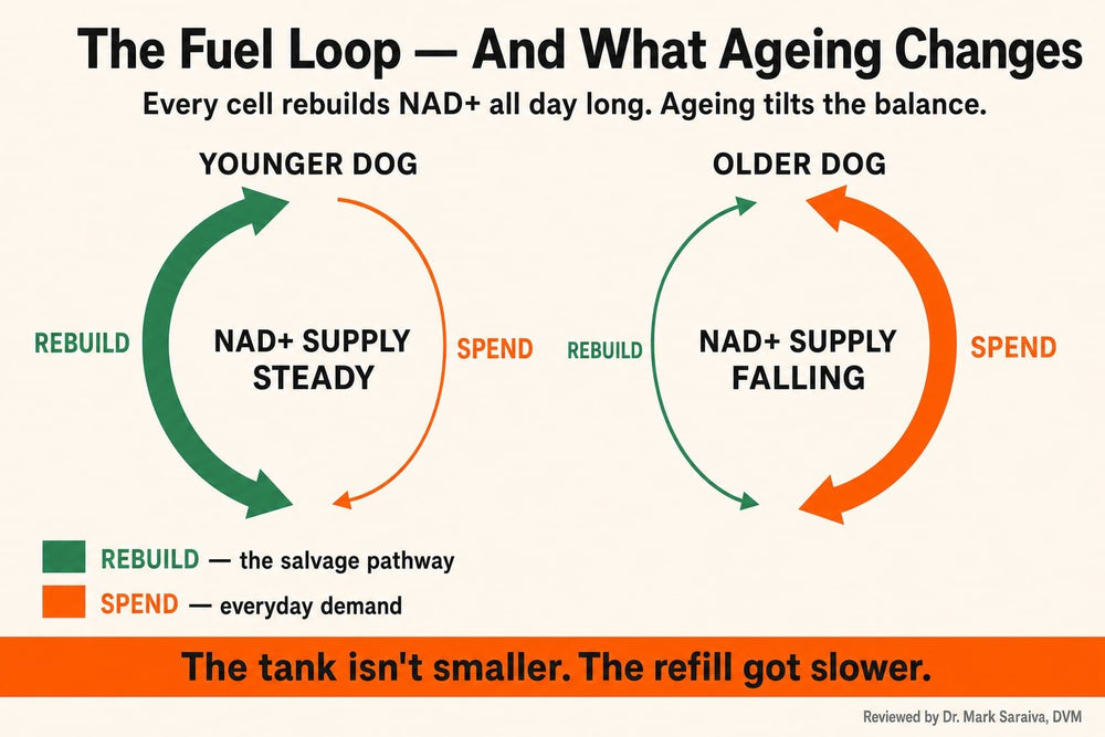 Diagram: the NAD+ fuel loop in a younger dog versus an older dog, rebuild versus spend