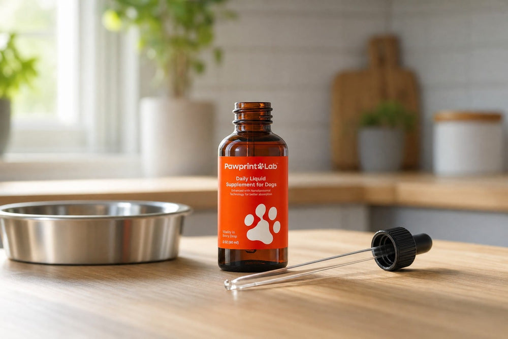 The Pawprint Lab daily liquid supplement bottle on a kitchen counter beside a dog bowl