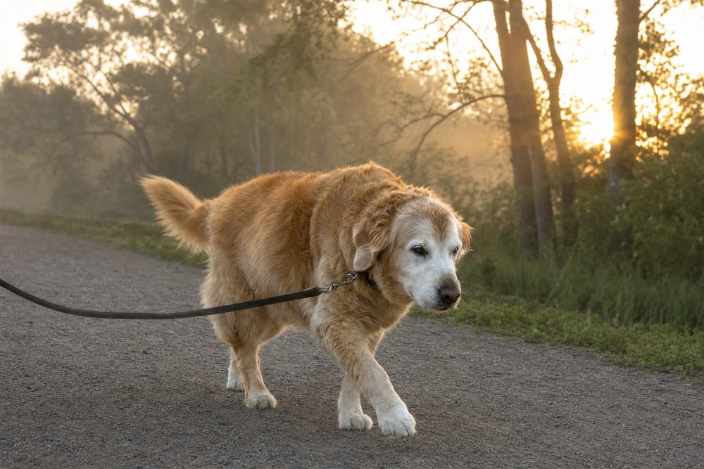 A senior golden retriever moving with purpose along a misty gravel park path