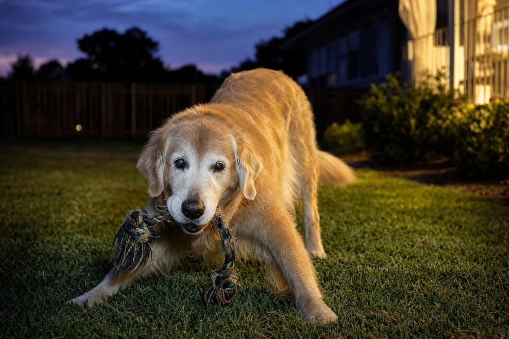 A senior golden retriever in a play stance on a back lawn at dusk with a rope toy