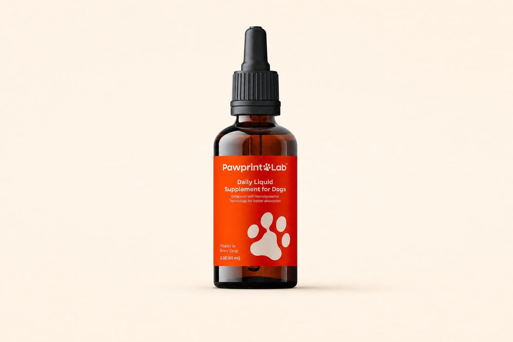 The Pawprint Lab daily liquid supplement bottle on a cream background