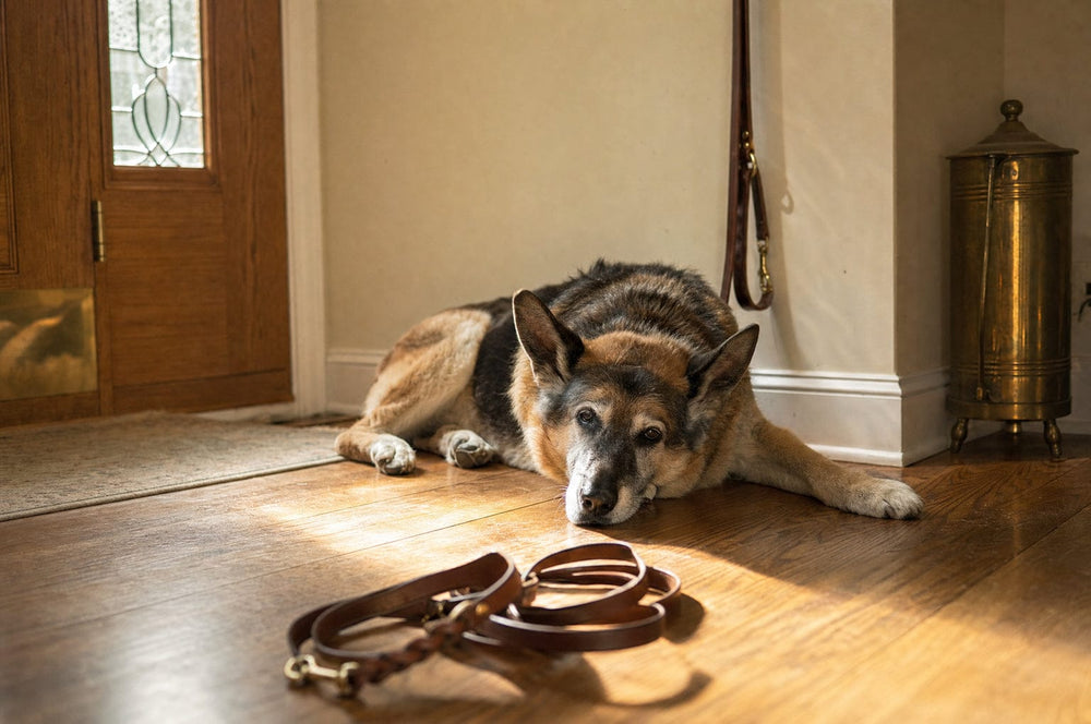 A senior dog resting on the hallway floor just inside the front door, leash coiled beside him