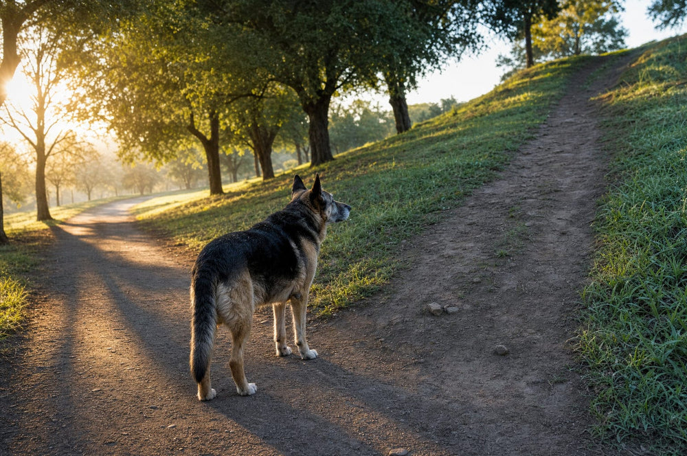 A senior dog at a fork in a park path, looking up the branch that climbs a hill