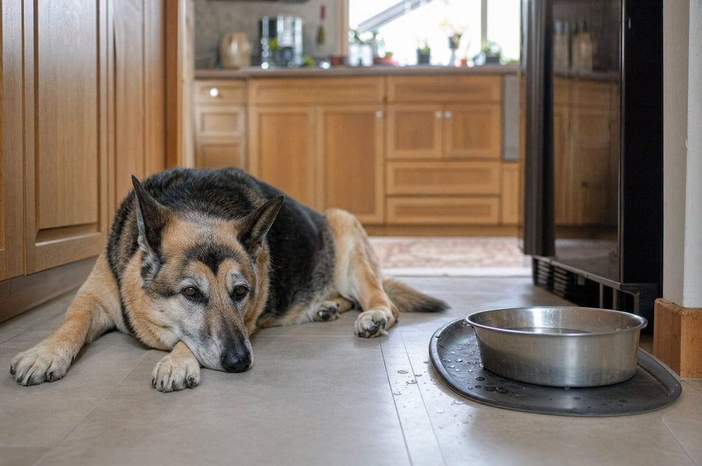 A senior dog lying on cool kitchen tile beside his water bowl