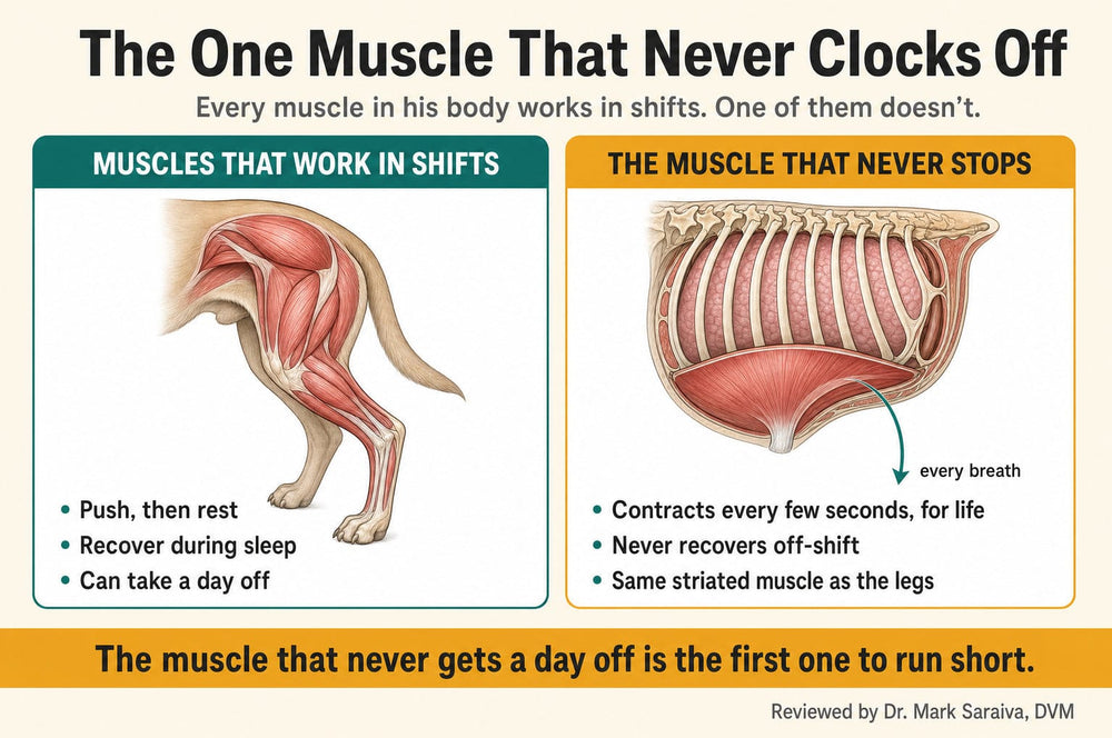 Diagram comparing muscles that work in shifts with the diaphragm, the muscle that never stops