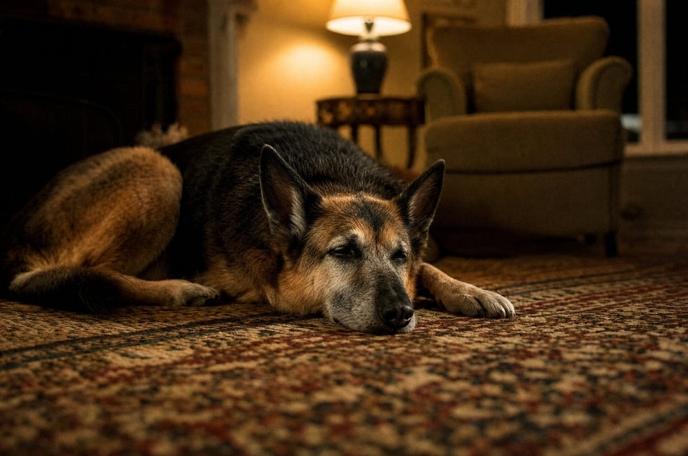 A senior dog resting his head on a wool rug in warm evening lamplight