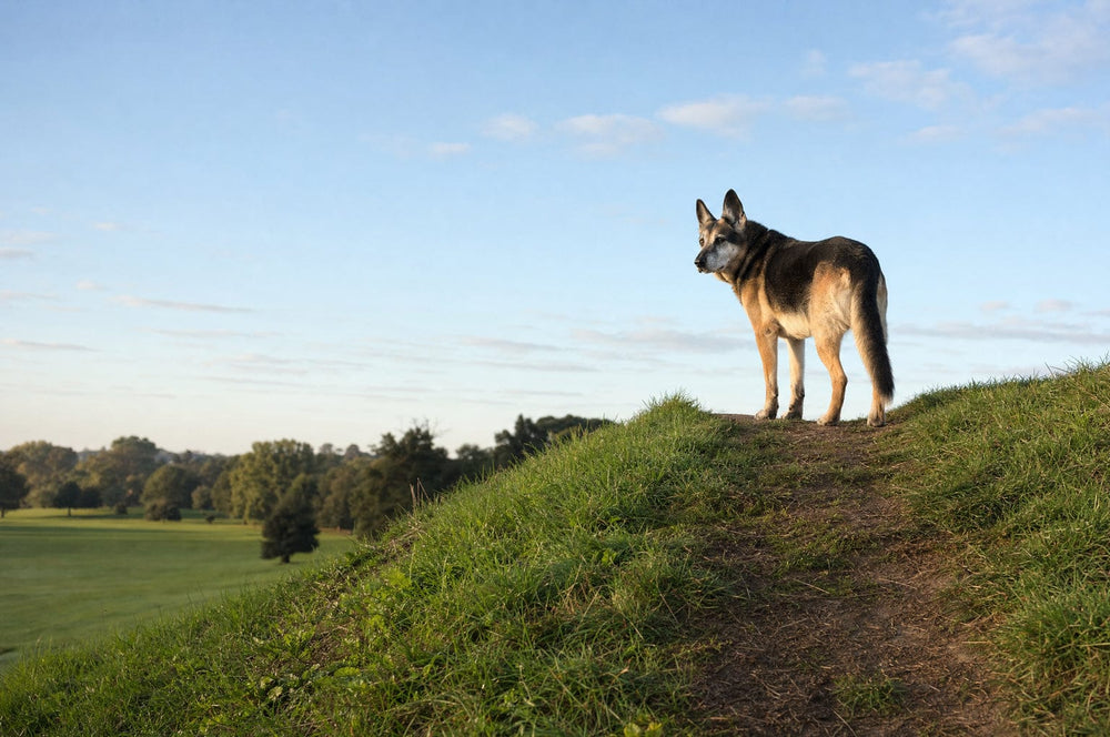 A senior dog at the crest of a grassy hill looking back down the path