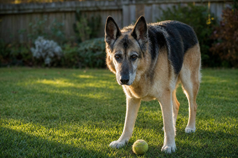 A senior dog standing over a tennis ball on a garden lawn in evening light