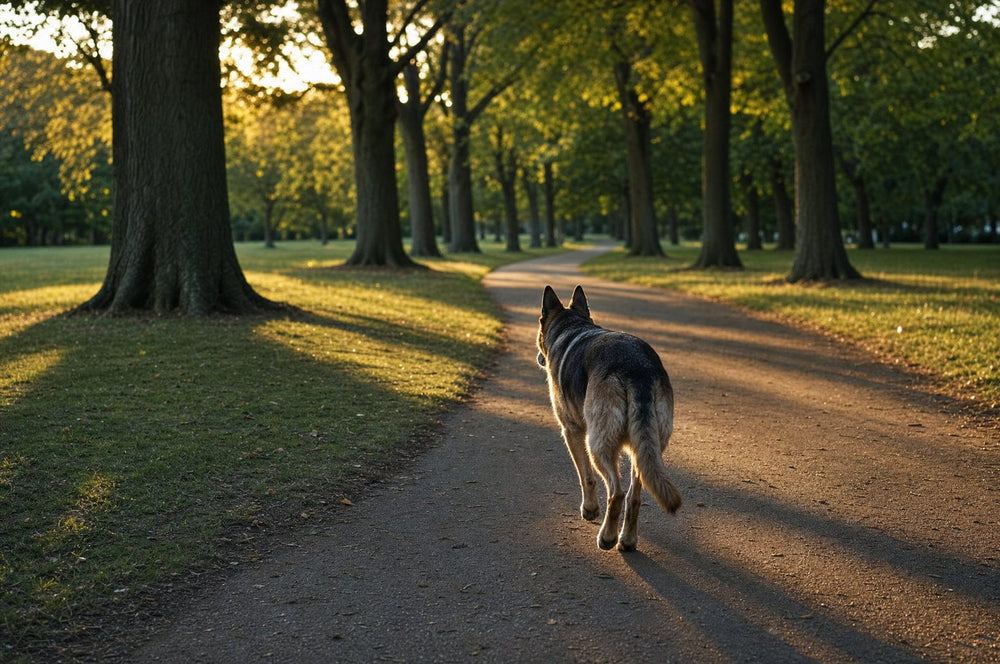 A senior dog trotting away along a long curving park path at golden hour