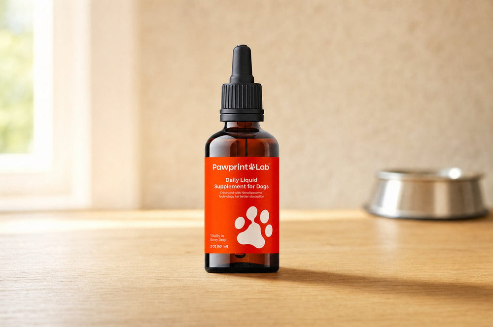 A Pawprint Lab daily liquid supplement bottle standing closed on a kitchen worktop