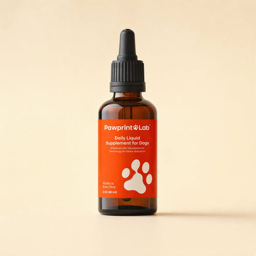 A Pawprint Lab daily liquid supplement bottle on a plain cream background