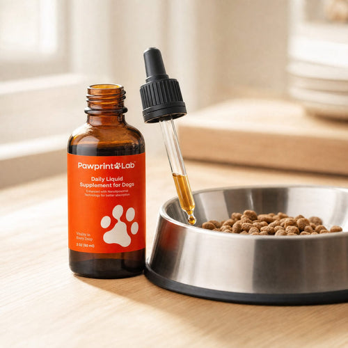 The open bottle with its dropper, a drop falling toward a bowl of kibble