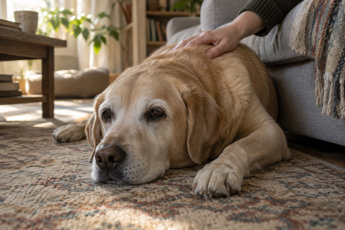 A hand resting on the back of a grey-muzzled senior Labrador lying on a living-room rug in soft window light.