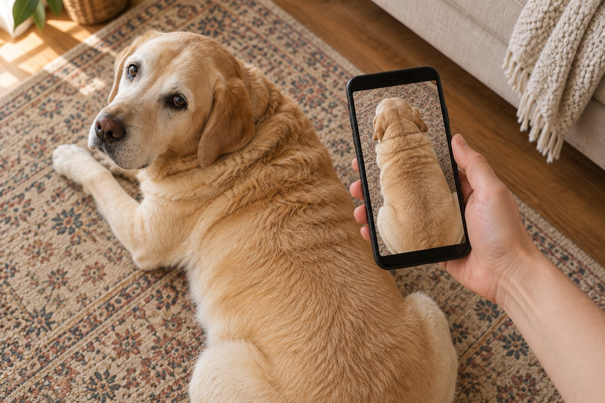 A hand holding a smartphone to photograph a senior Labrador's back from directly above as he lies on a rug.