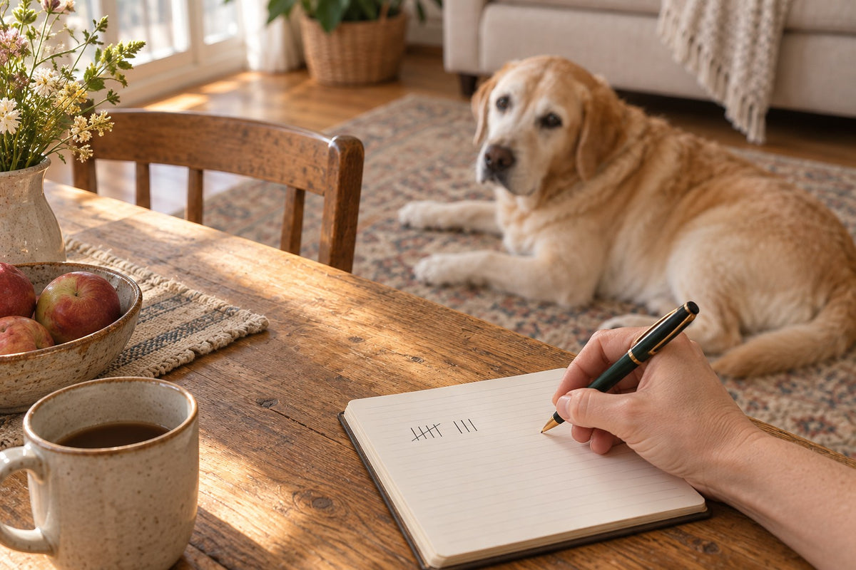 A hand making tally marks in a small notebook at a kitchen table while a senior Labrador rests on the rug behind.