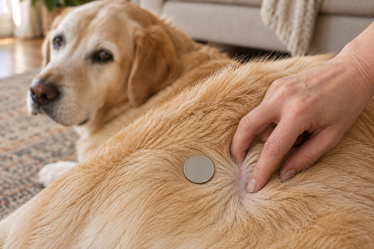 Fingers parting the coat on a senior Labrador's flank beside a plain coin placed on the fur for scale.