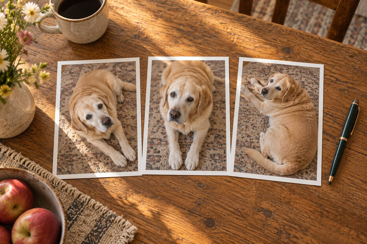 Three printed photographs of the same senior Labrador seen from above, laid in a row on a wooden table beside a pen.