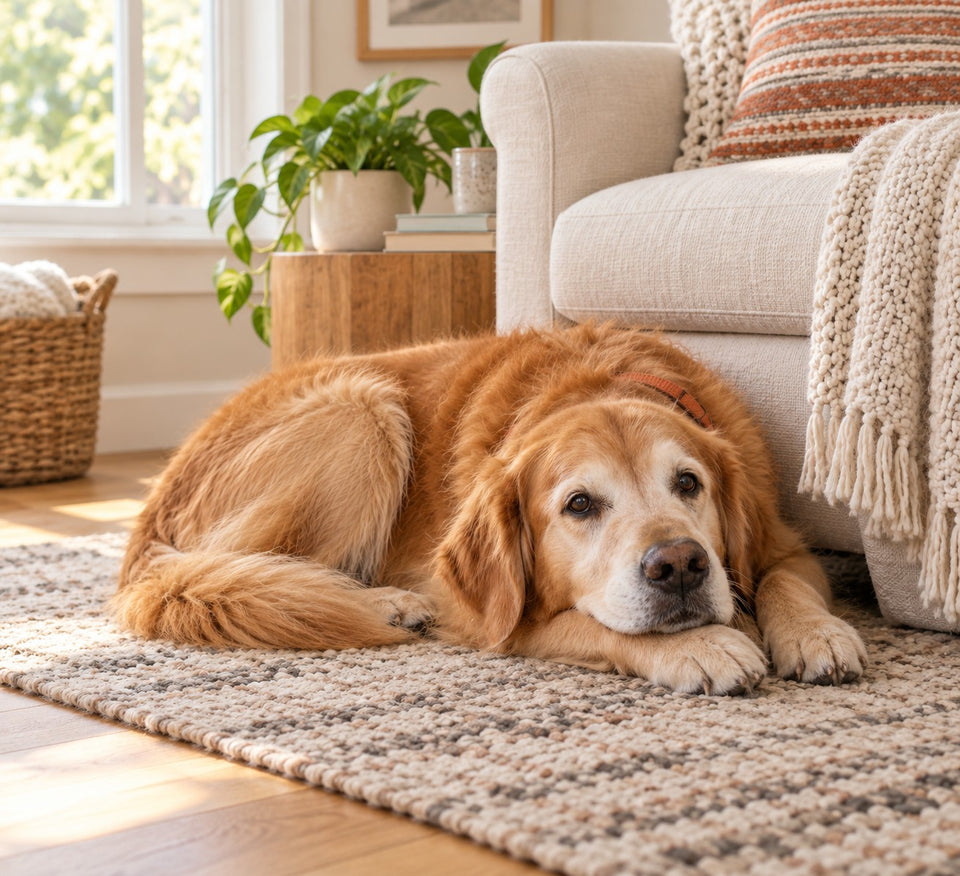 The same golden retriever resting beside a familiar reading chair in a quiet room.