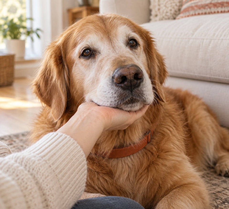 Close view of a golden retriever's cream-gray muzzle beside a caregiver's hand.