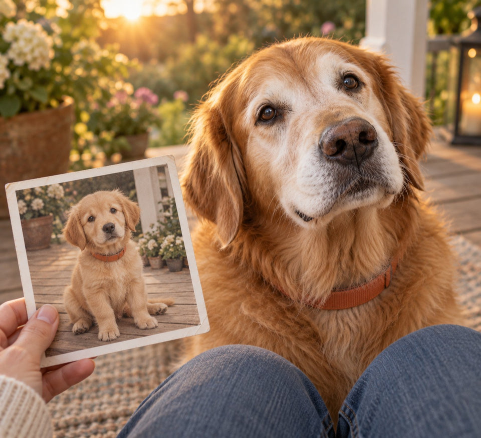 A beloved senior golden retriever beside a photograph of the same dog as a puppy, held by its caregiver on a sunlit porch.
