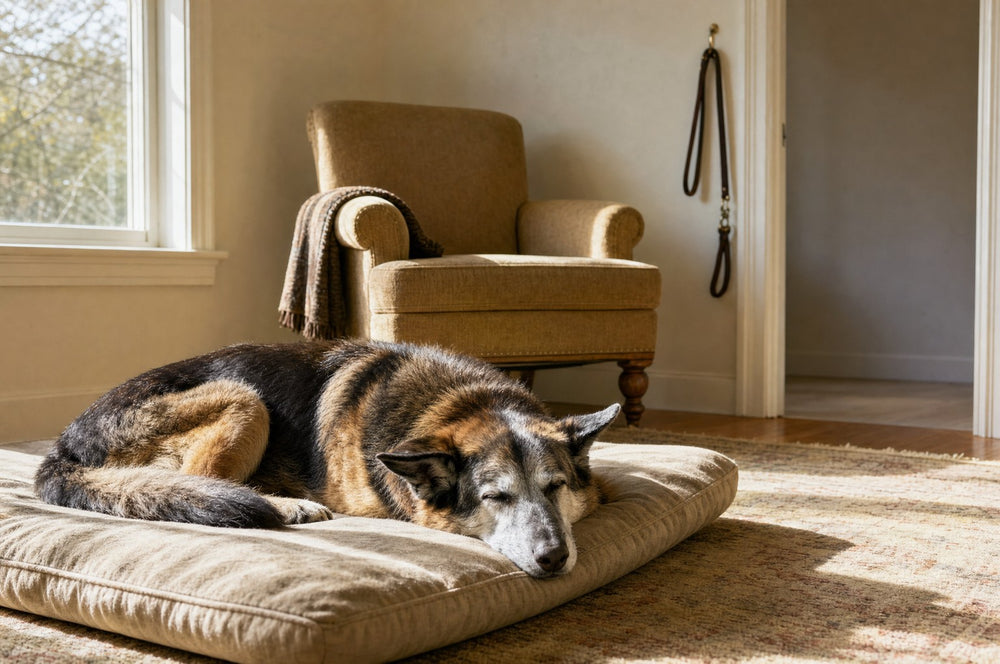 A senior German Shepherd asleep on a dog bed in a sunlit living room