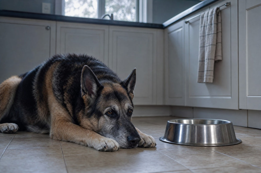 A senior dog lying on a kitchen floor in early morning light beside an empty bowl