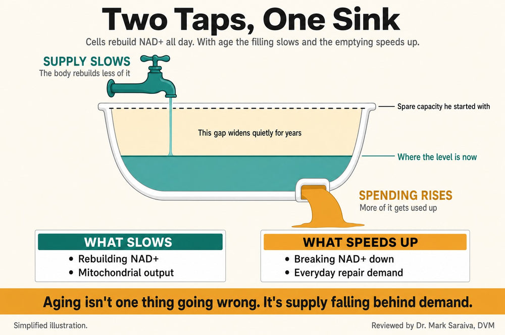 Diagram: Two Taps, One Sink - NAD+ supply slows while spending rises with age