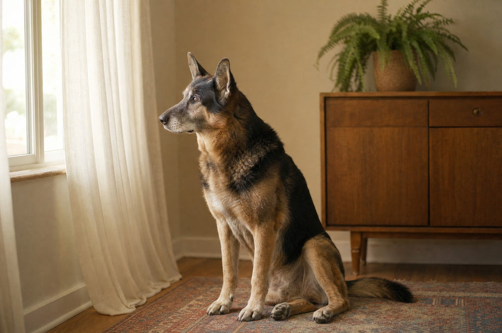 A senior dog sitting still by a living room window in afternoon light