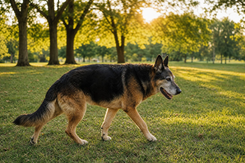 A senior dog walking at an easy pace across a park in golden evening light