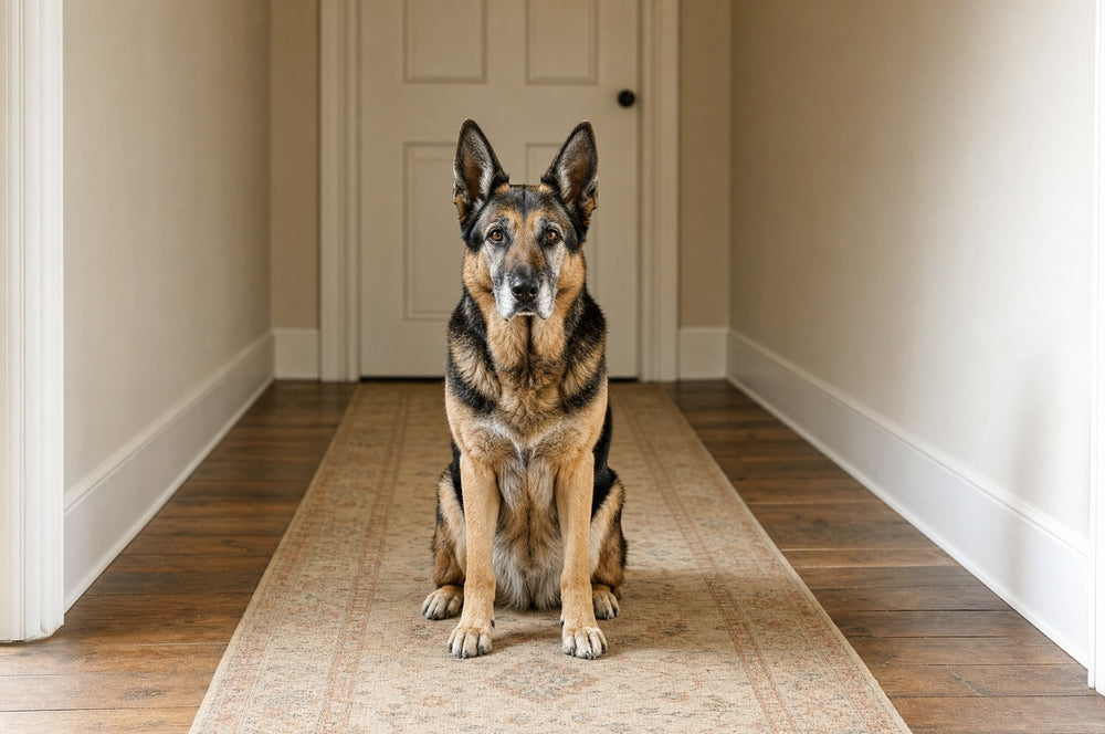 A senior dog sitting square-on and centred in a domestic hallway