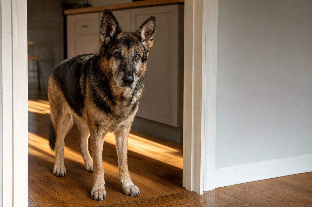 A senior dog standing alert in a kitchen doorway in early morning light