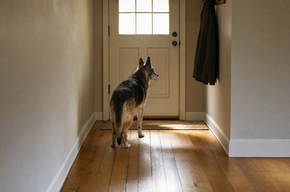 A senior dog at the end of a hallway looking toward a closed front door