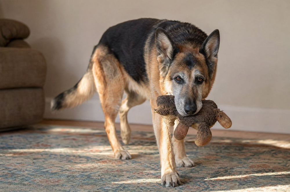 A senior dog carrying a soft plush toy across a living room rug
