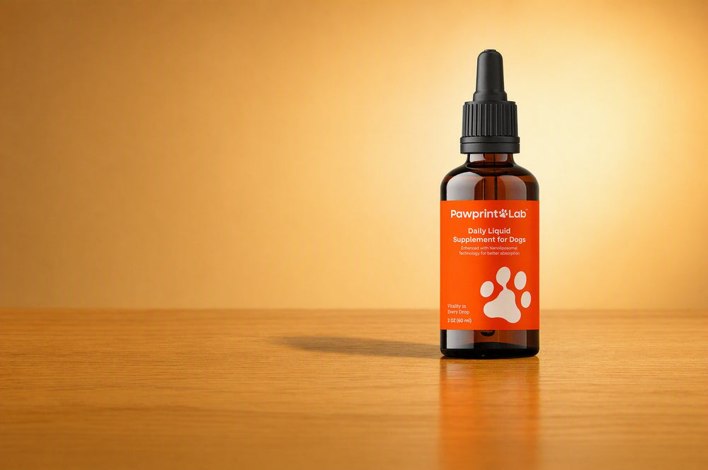 Pawprint Protocol daily liquid supplement bottle on an oak surface