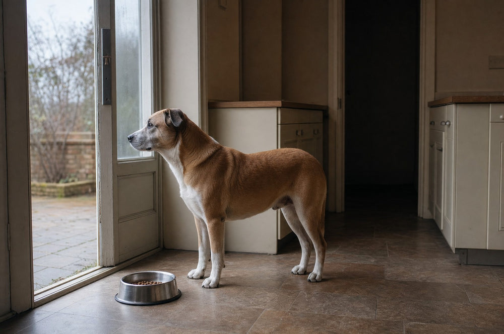 A senior dog standing at a part-open back door beside an untouched bowl of food