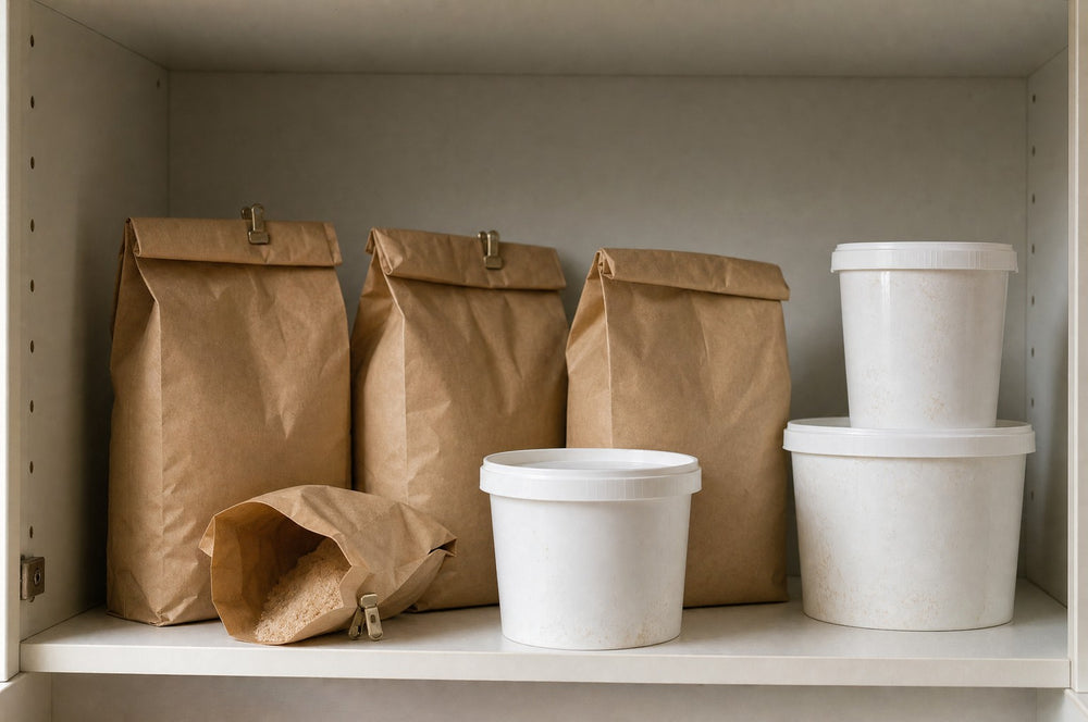 A kitchen cupboard shelf of part-used unmarked supplement pouches and tubs