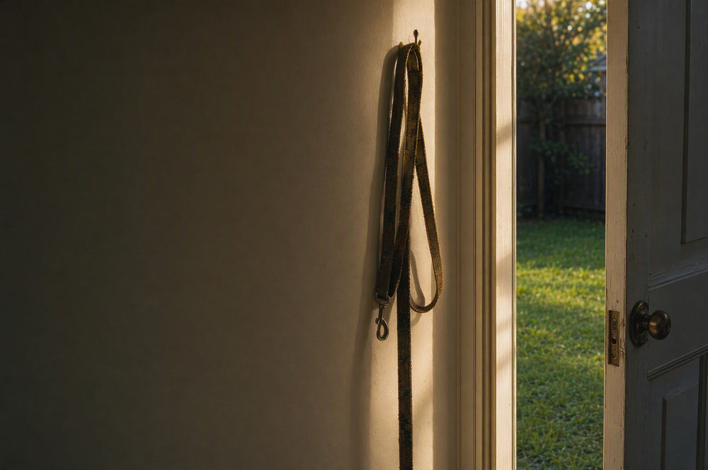 A dog lead hanging by an open back door onto a small lawn