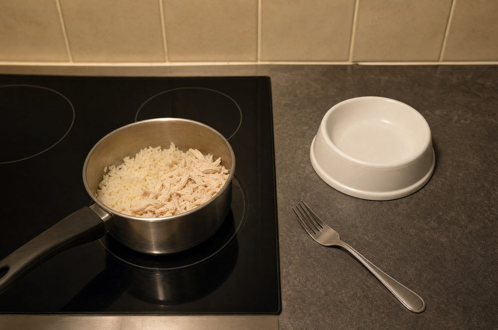 A pan of plain boiled rice cooling beside an empty dog bowl