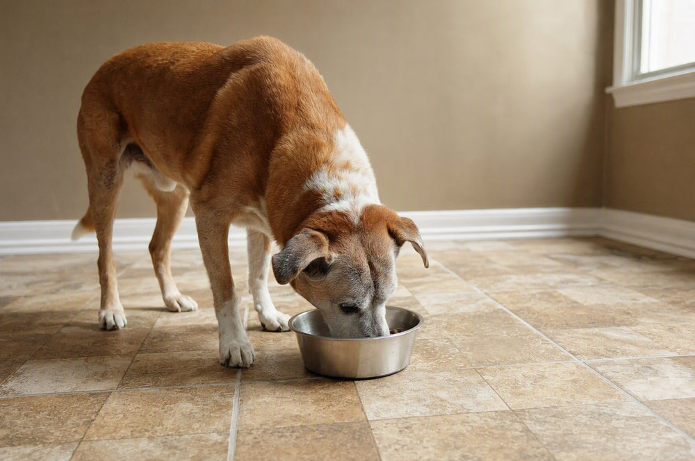 A senior dog eating steadily from a stainless steel bowl