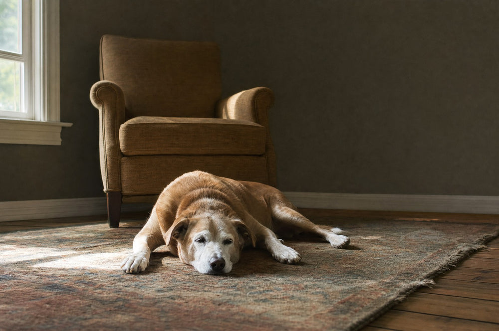 A senior dog stretched out relaxed on a rug beside an empty armchair