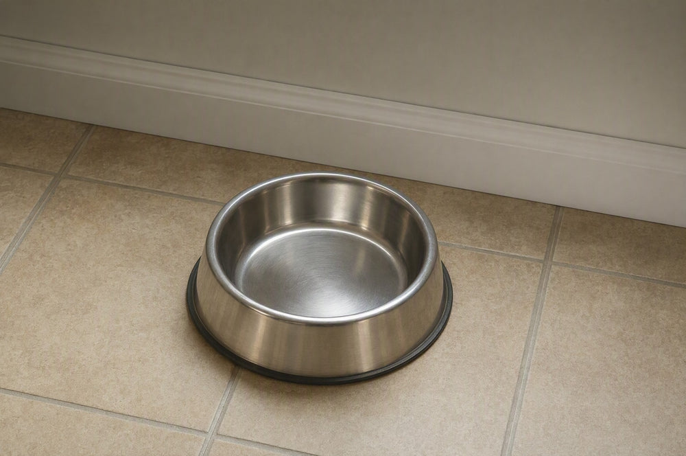 An empty dog bowl licked clean on a tiled kitchen floor